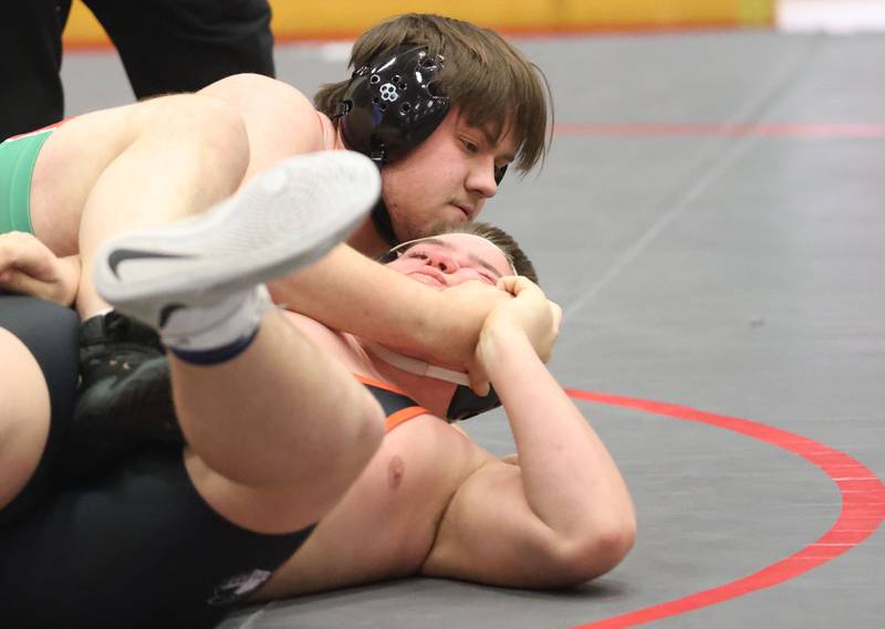 L-P's Matthew Kinsella wrestles Kaneland's Eric Mateika during a meet on Thursday, Jan. 22, 2026 in Sellett Gymnasium at L-P High School.