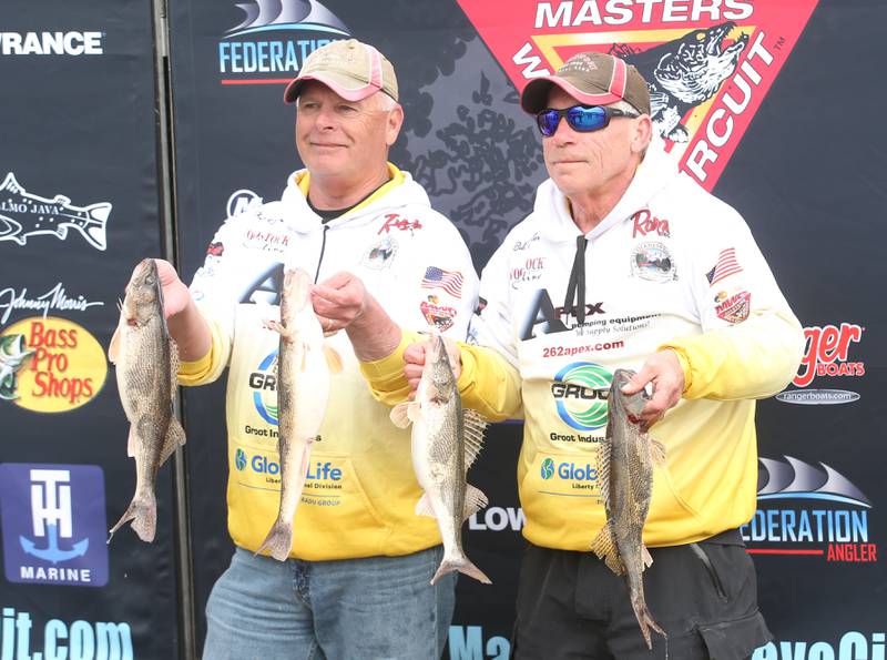 Chris Clemmons of Newark, and Bob Hausler of Plano, hold their fish that they caught during the annual Masters Walleye Circuit tournament on Friday, March 21, 2025 at the Spring Valley Boat Club.