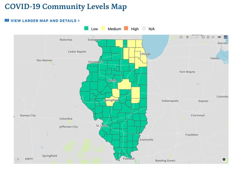 13 counties and Chicago are now considered "medium" risk for COVID-19, according to new data from the Illinois Department of Public Health, released May 6, 2022