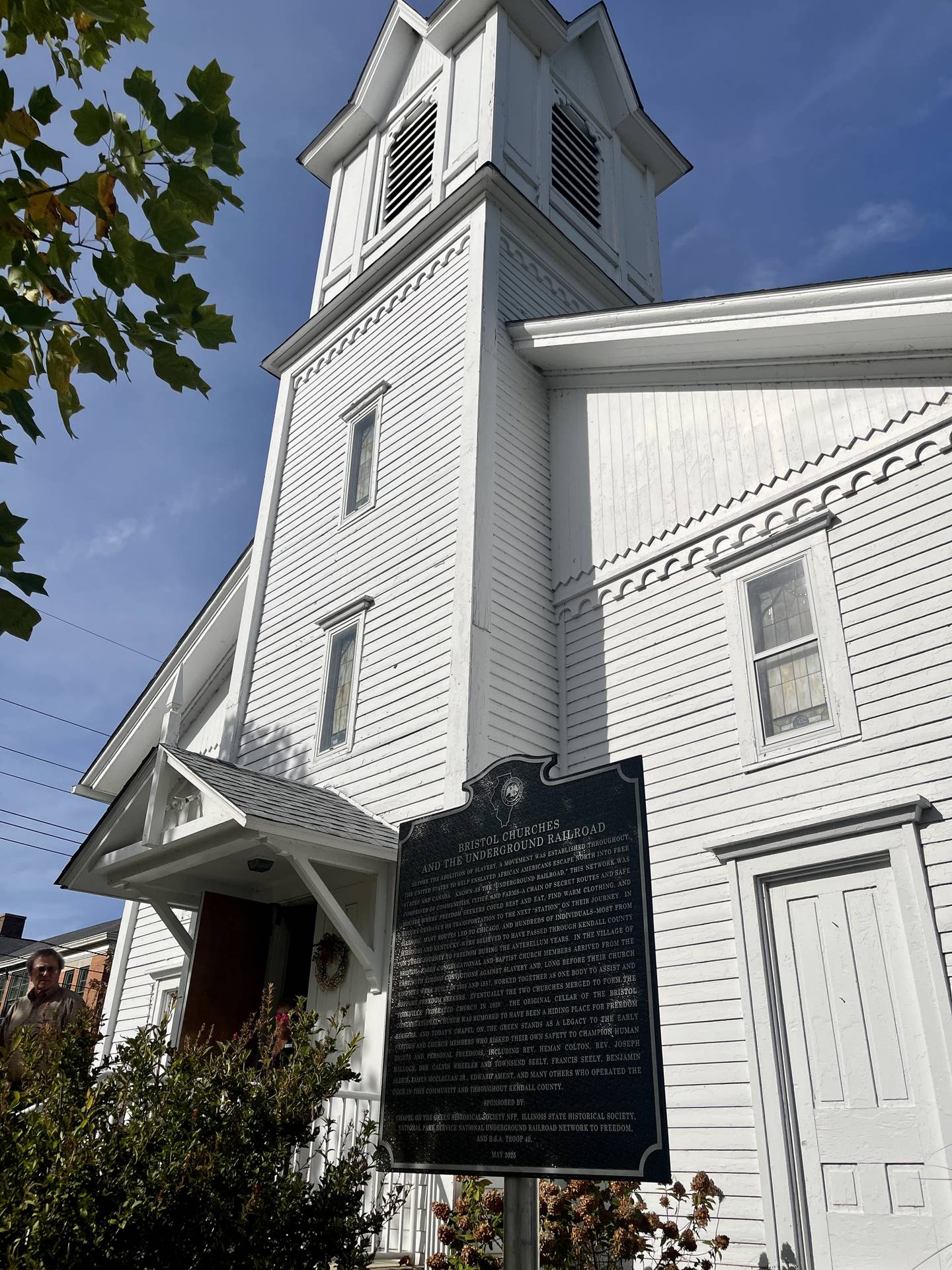 A new historical marker was erected in-front of the Chapel on the Green in Yorkville on Oct. 24, 2025, to celebrate its early participation in the Underground Railroad. The site is recognized by the National Park Service.