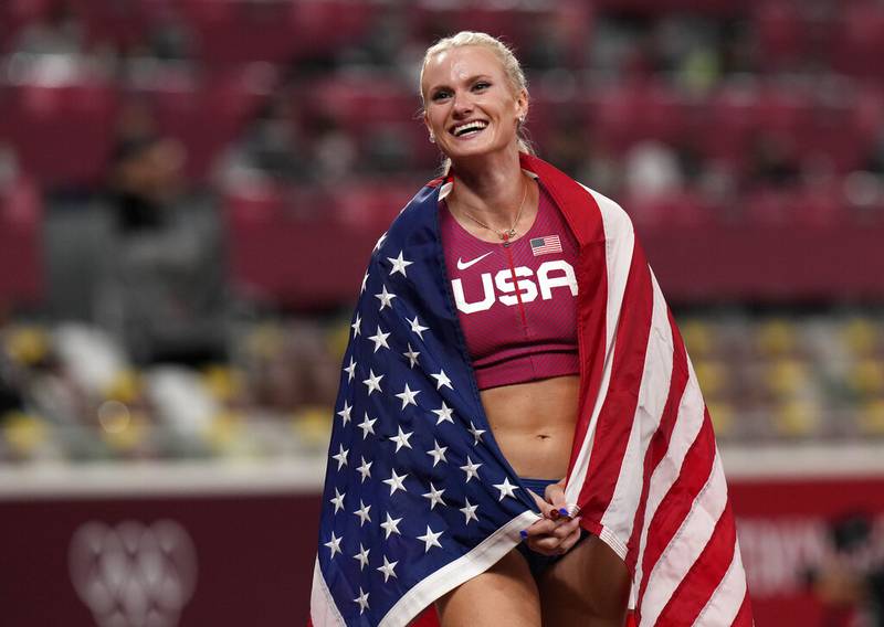 Gold medalist Katie Nageotte celebrates after winning the final of the women's pole vault at the 2020 Summer Olympics, Thursday, Aug. 5, 2021, in Tokyo.