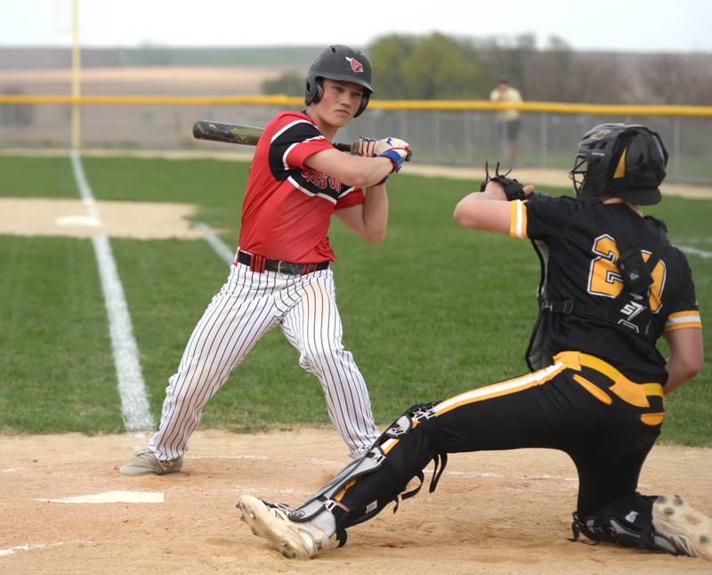 Forreston's Daniel Koehl watches a high pitch go by for a ball during a Monday, April 28, 2025 game with Lena-Winslow at Forreston High School.