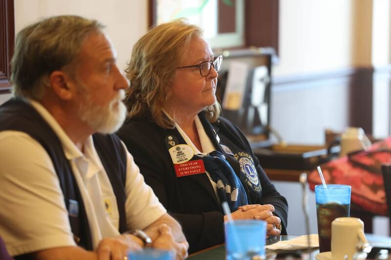 Lions Club District Governor Irene Leopold visits the Joliet chapter’s afternoon meeting at the Silver Spoon restaurant on Thursday, Sept. 22, 2022, in Joliet. The Joliet Noon Lions Club, a community outreach organization, celebrated its 101st anniversary this year.