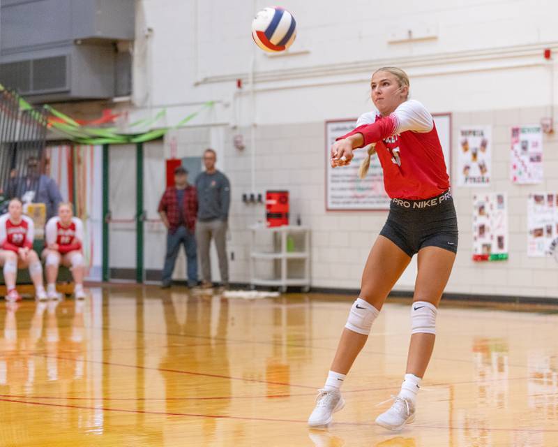 Kelsey Frederick of LaSalle-Peru High School returns a serve during the match against Ottawa High School at Sellett Gym on Oct. 15, 2025 at LaSalle-Peru High School.