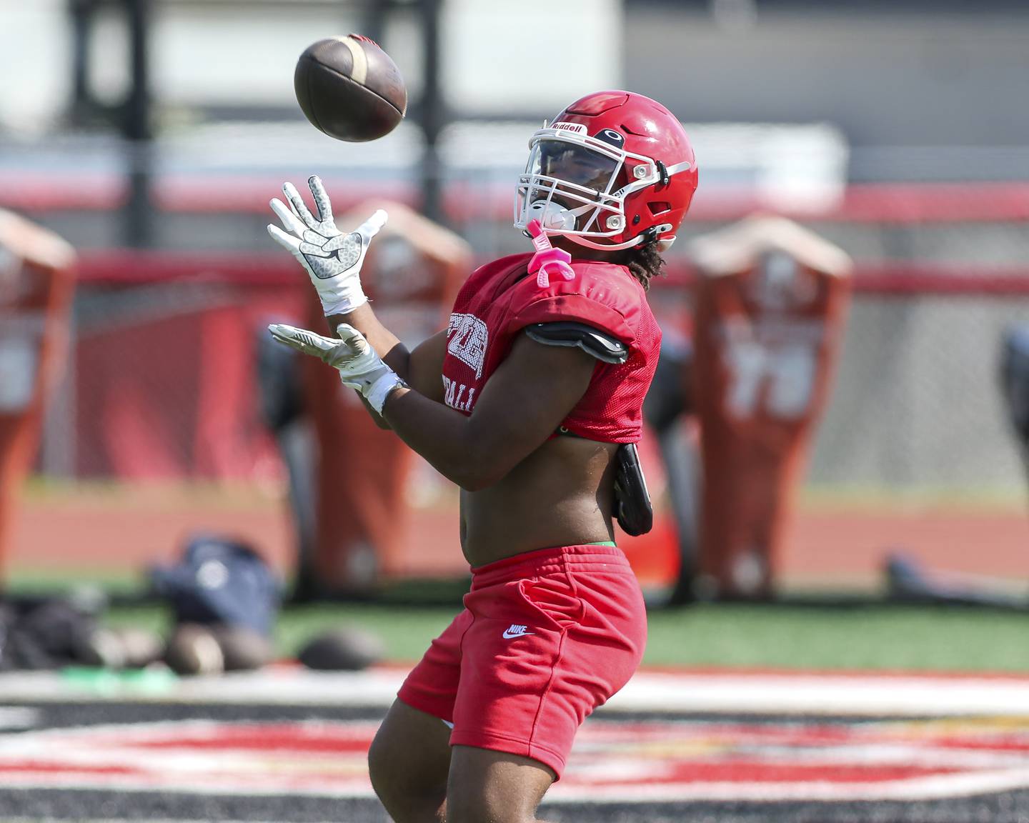 T.J. Harland fields a punt at Yorkville High School football practice, Monday, Aug 13, 2025  in Yorkville.
