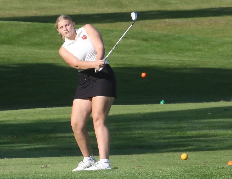 L-P's Lily Morscheiser tees off on Monday, Sept. 8, 2025 at Deer Park Golf Club in Oglesby.