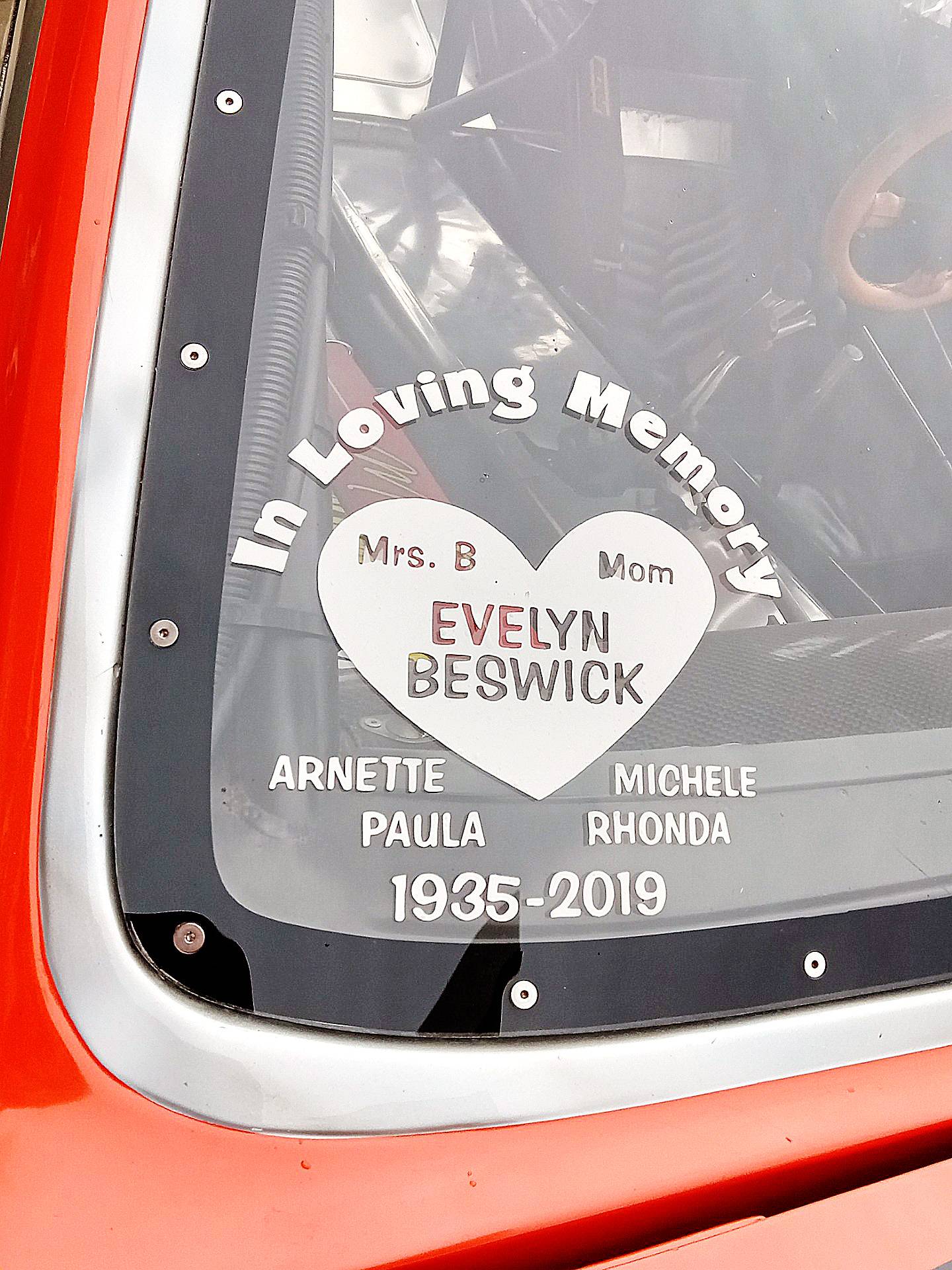 Arnie "The Farmer" Beswick’s "Tameless Tiger II" is seen with a dedication sticker to his late wife, Evelyn, and their four daughters.