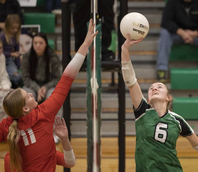 Rock Falls' Miley Bickett works against Oregon’s Izzy Berg  Wednesday, Oct. 22, 2025.