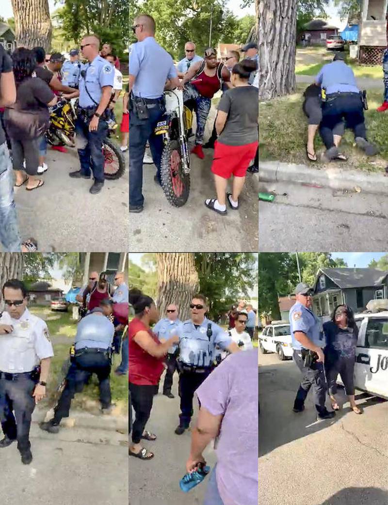 In a series of screen shots from a cellphone video, Joliet Police officers can be seen removing Joshwa Cooley from a dirt bike and restraining Jamaica Morrow on July 9, 2019, outside a South Ottawa Street church in Joliet.