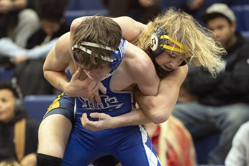 Sterling’s Zyan Westbrook control’s Newman’s Landon Blanton Saturday, Dec. 7, 2024, at the Carson DeJarnatt Invitational in Sterling.Westbrook took the win.