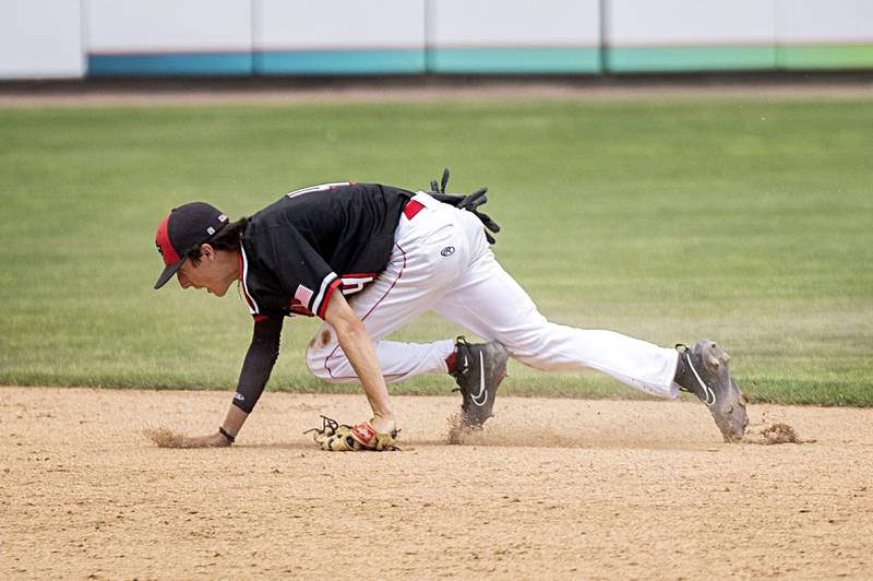 Henry-Senachwine’s Teagan Williams scrambles after a ball against Gibrault Saturday, June 3, 2023 during the IHSA class 1A championship baseball game.