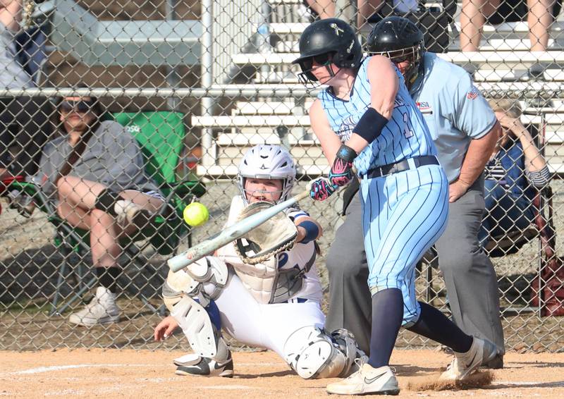 Bureau Valley's Kayden Haage gets a hit against Newman on Monday, March 30, 2026 at Bureau Valley High School.