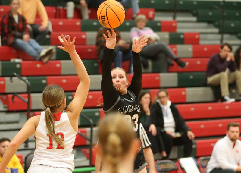 Kaneland's Kendra Brown shoots a jump shot over L-P's Phoebe Shetterly on Wednesday, Jan. 15, 2025 in Sellett Gymnasium at L-P High School.