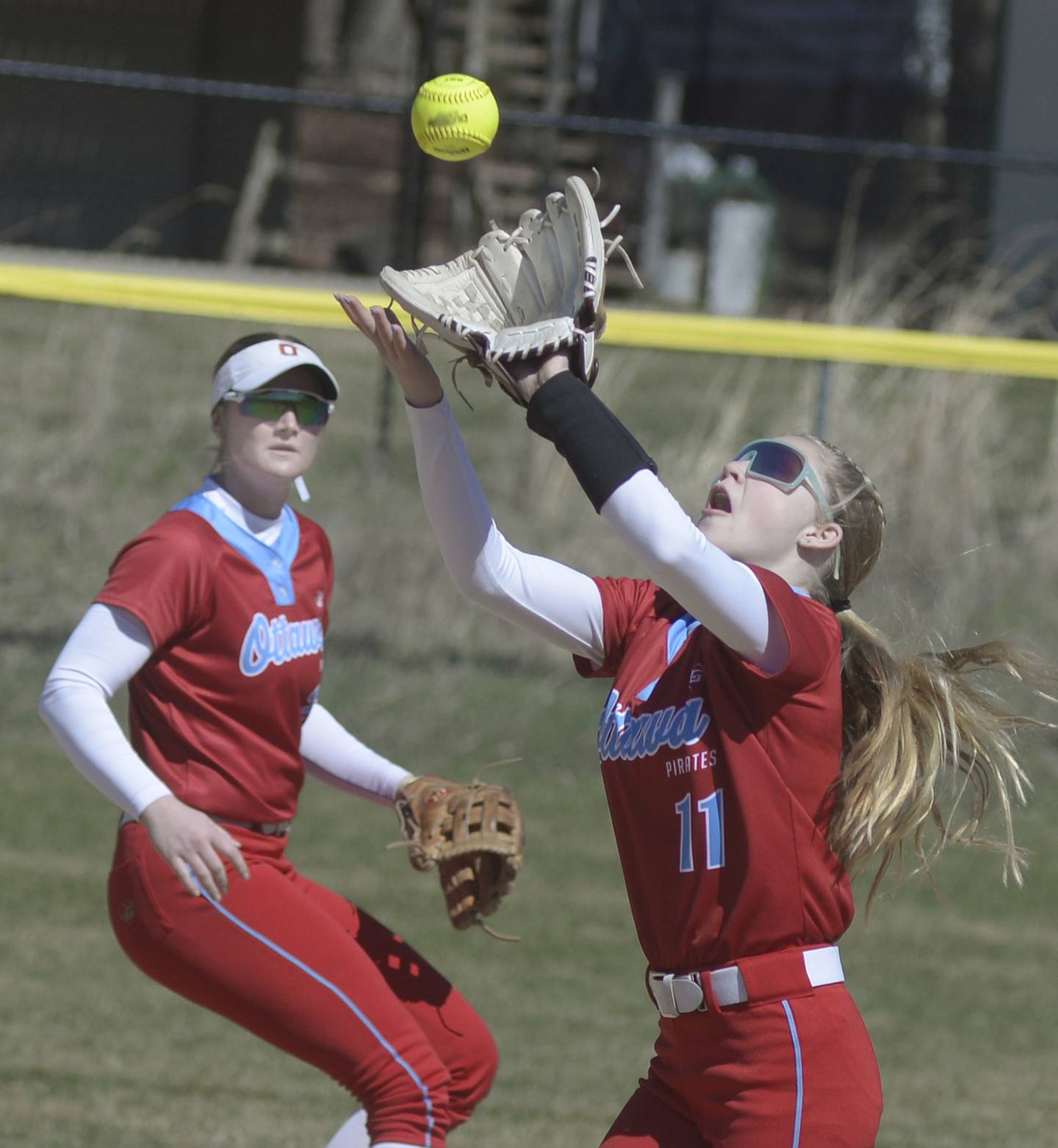 Ottawa’s Rylee Harsted camps under this pop up for an out against Joliet Catholic Saturday at Ottawa.