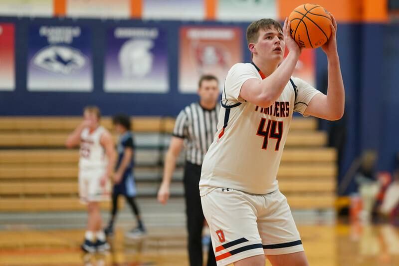 Oswego’s Hunter O’Neill (44) shoots a free throw during a basketball game against Plainfield South at Oswego High School on Friday, January 17, 2025.