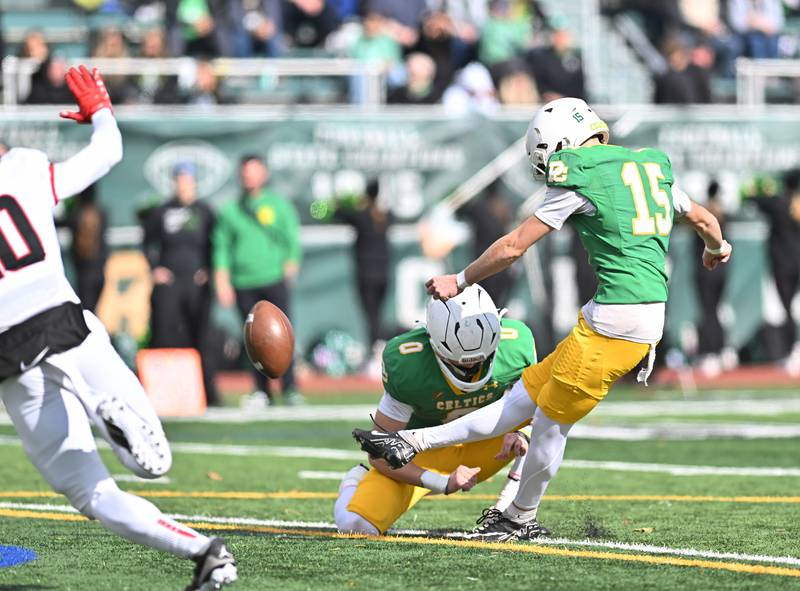 Providence Catholic's Bryce Vlasak (15) kicks a extra point during the class 5A first round playoff game against Springfield on Saturday, NOV. 01, 2025, at New Lenox.