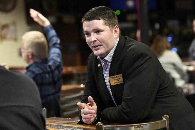 Republican Tom McCullagh talks to his supporters at a fundraiser for his campaign for the Illinois Senate on Thursday, March, 12, 2020, at Scooters Roadhouse in Shorewood, Ill.