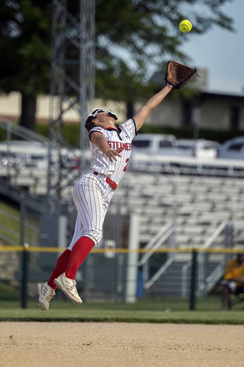 Fulton’s Kerby Germann leaps but can’t snag a bloop liner against Orangeville Tuesday, May 26, 2026, at the Eastland Class 1A softball sectional quarterfinal.