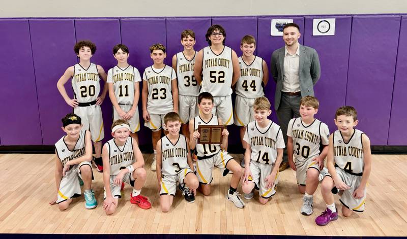 Putnam County used a 17-0 start to defeat Fieldcrest 47-17 to capture the Little Tri-County Conference 7th-grade tournament championship on Saturday, Jan. 18. Brennen McDonald led the Pumas with 24 points and 17 rebounds. PC beat Roanoke-Benson 39-29 in the semifinals as Luke Gabrielse and McDonald each scored 13 points. Team members are (front row, from left) Luca Carboni, Davis Carlson, Cayden Bush, Hayden Doyle, Calvin Fiedler, Anthony Popurella and Garett Billups; and (back row) Caius Luncsford, Camden Moriarty, Geoffrey Pagani, Nolan Weddell, Brennen McDonald, Luke Gabrielse and Christian Harris.