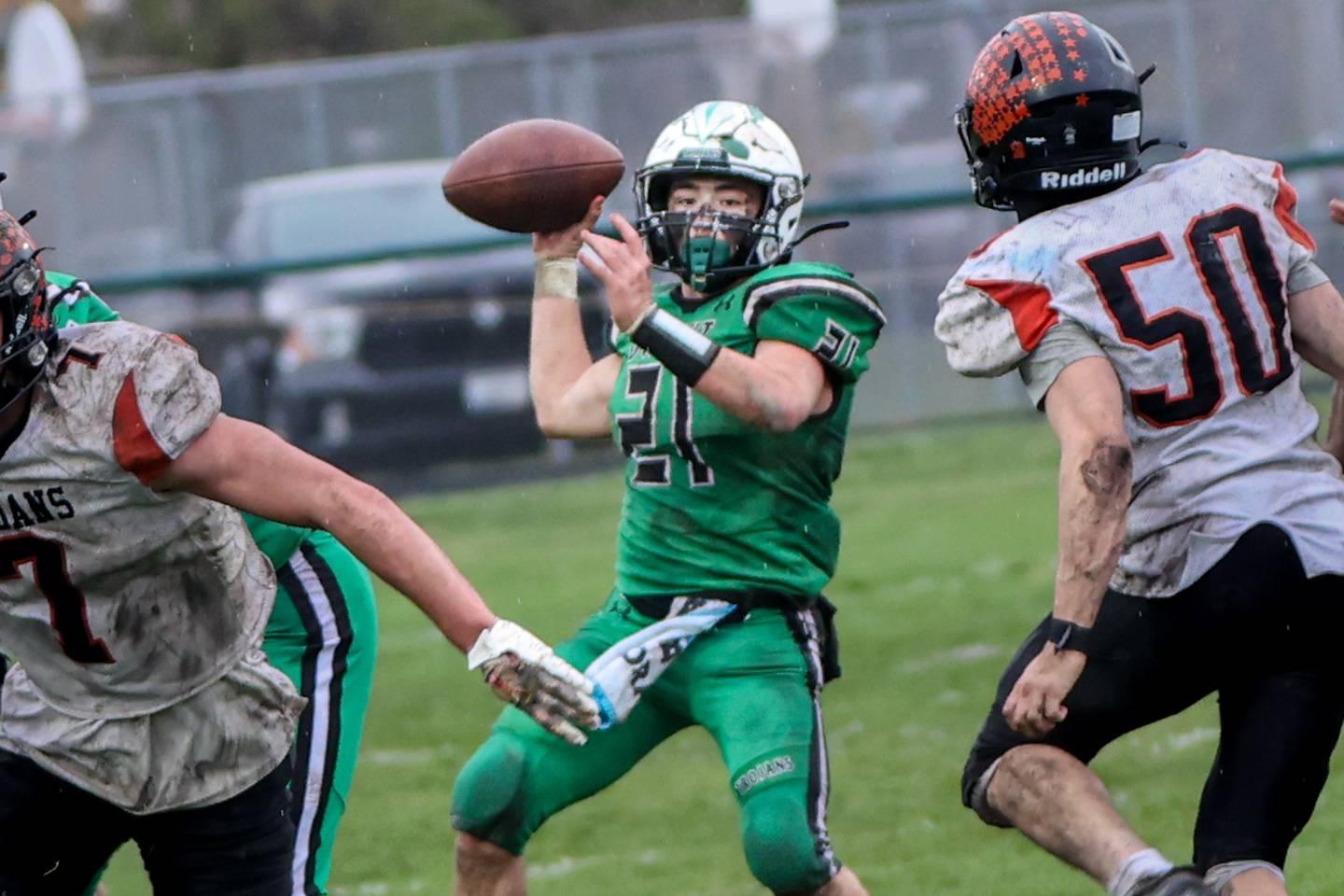 Running back Dylan Crouch of Dwight/Gardner-South Wilmington throws ball on a Philly Special play Saturday, Nov. 9, 2024, at Dwight High School.