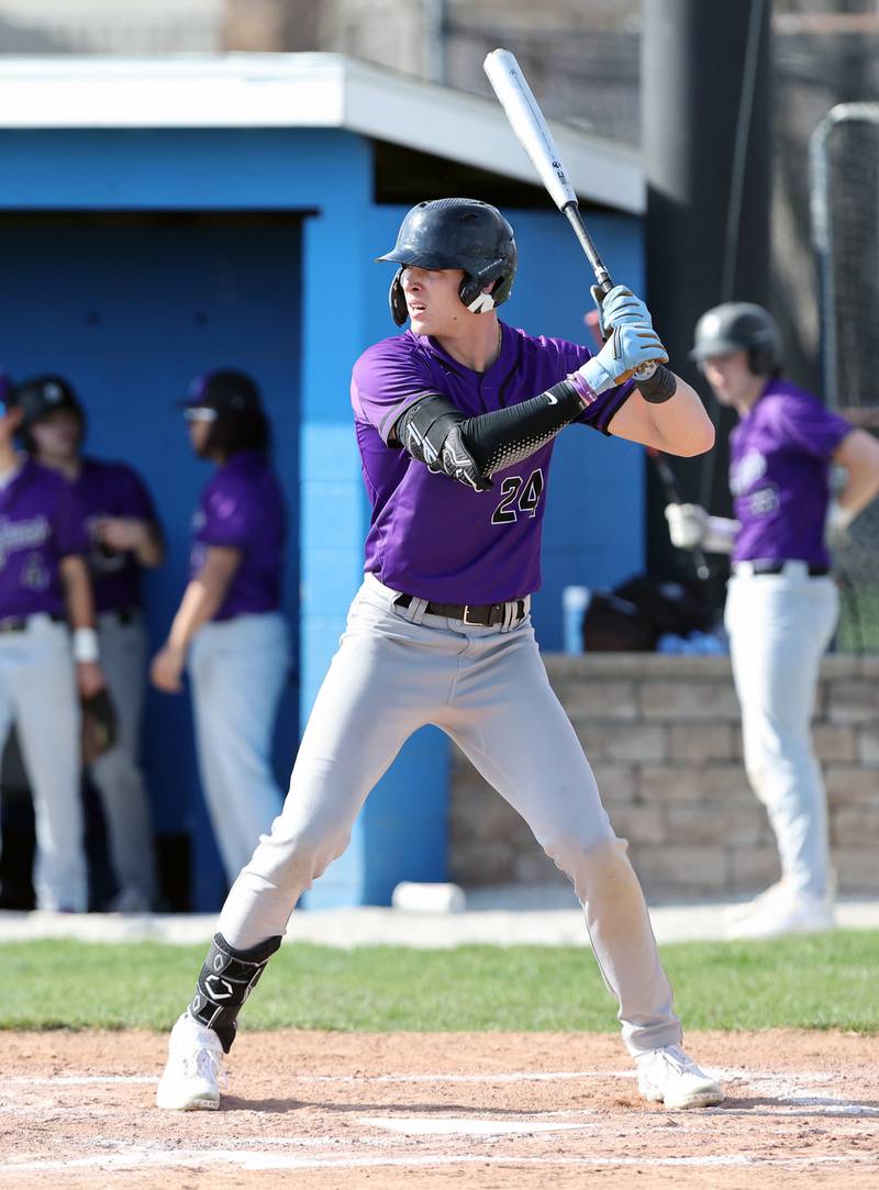 Downers Grove North's George Wolkow (24) stands at bat during the boys varsity baseball game between Lyons Township and Downers Grove North high schools in Western Springs on Tuesday, April 11, 2023.