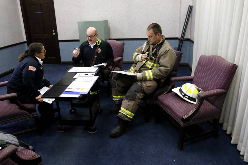 Fire chiefs run the rescue operation as RIT team one searches for an injured firefighter in a smoke filled basemen on Tuesday April 15, 2025, during a RIT crew and chief divisional drill with other firefighters from area departments in a former bank building in Downtown McHenry.
