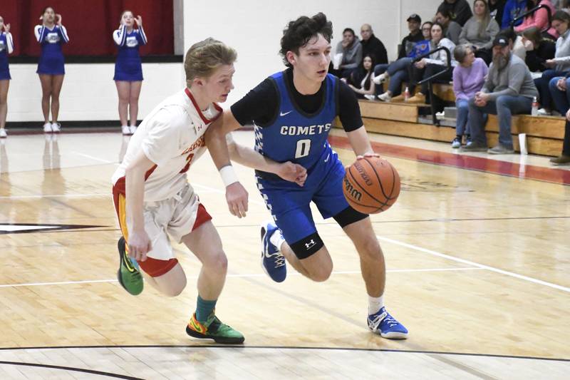 Clifton Central's Derek Meier drives inside the arc while guarded by St. Anne's Brigham Hays during St. Anne's 61-56 victory over Clifton Central on Tuesday January 6, 2026.