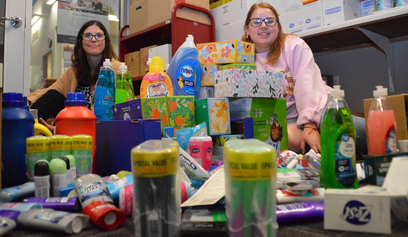 Illinois Valley Community College exceeded its goal to raise 100 basic need items for the on-campus Eagles Peak food pantry. Special Populations Transition Specialist Crystal Credi (left) and counseling office student worker Gracie Pollok get ready to shelve the items for distribution to students.