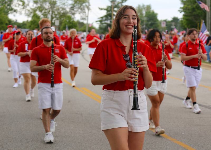 Clarinet player Anna Kozial marches with the Yorkville Community Band in the Yorkville Independence Day Parade on Friday, July 4, 2025.