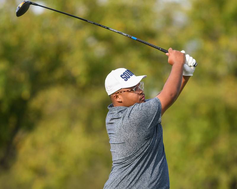Limmie Bailey III of Plainfield South watches his tee shot during the Plainfield Central regional on Wednesday Oct. 1, 2025, held at Wedgewood Golf Course in Plainfield.