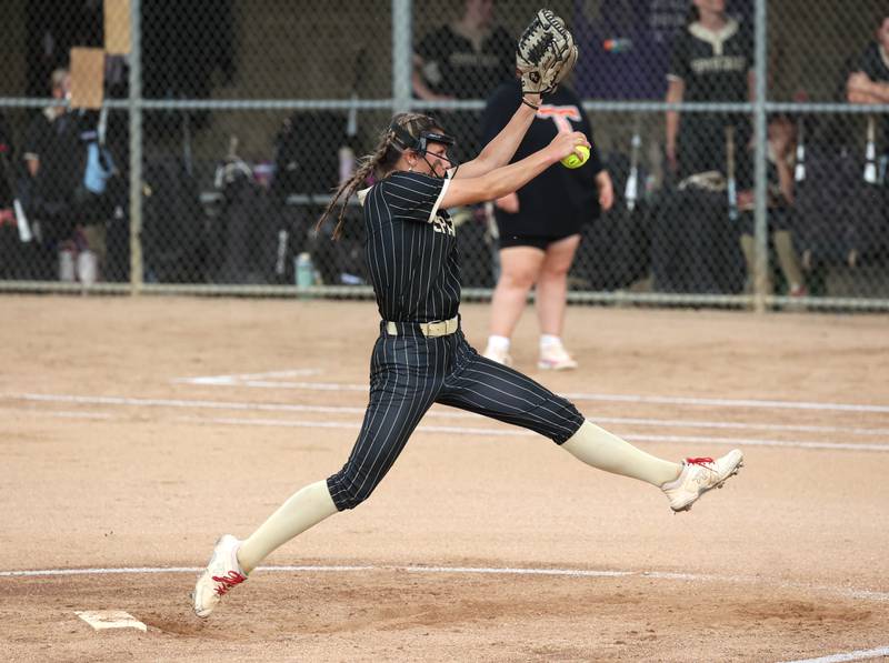 Sycamore's Bella Jacobs delivers a pitch Tuesday, June 3, 2025 during their Class 3A sectional semifinal game against Crystal Lake Central at Sycamore High School.