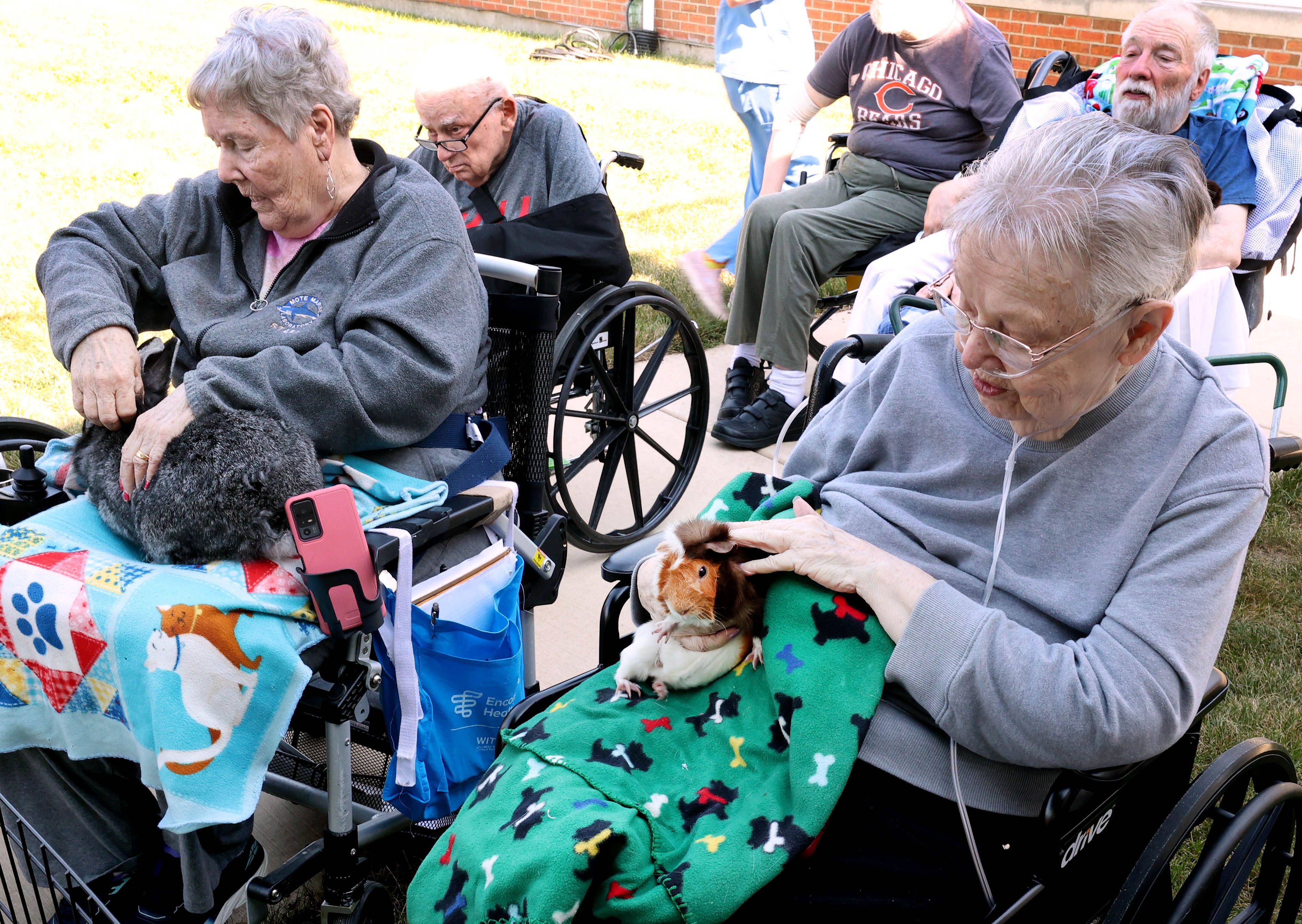 DeKalb County Rehab and Nursing Center residents spend some time with animals during a visit from Kate’s Kritters Mobile Petting Zoo Thursday, Sept. 18, 2025, at the facility in DeKalb.