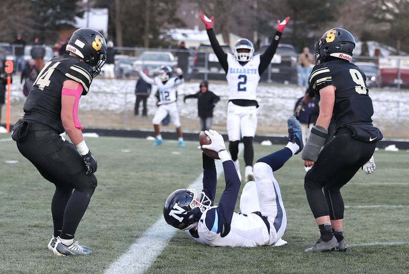 Nazareth's Zach Hayes catches the go-ahead touchdown pass in front of Sycamore's Dawson Alexander in the fourth quarter Saturday, Nov. 18, 2022, during their state semifinal game at Sycamore High School.