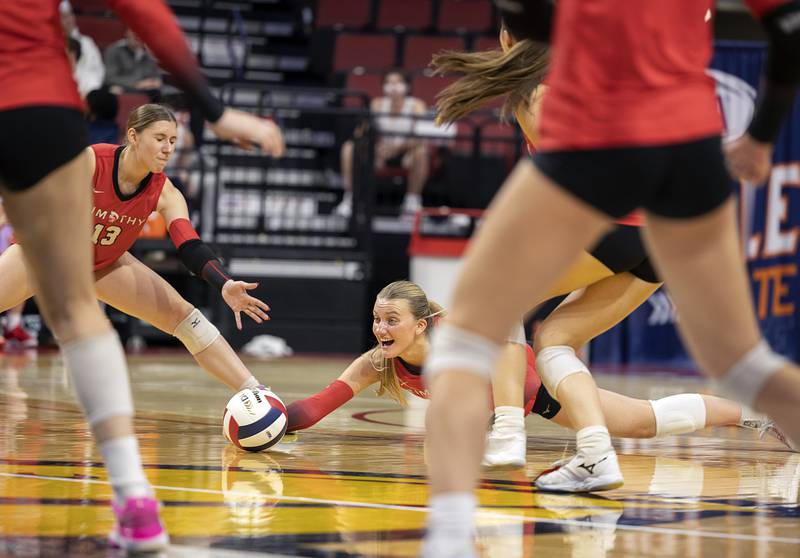 Timothy Christian's Abby VanderWal dives for a shot against El Paso-Gridley Saturday, Nov. 16, 2024, in the Class 2A third place state volleyball match at CEFCU Arena in Normal.