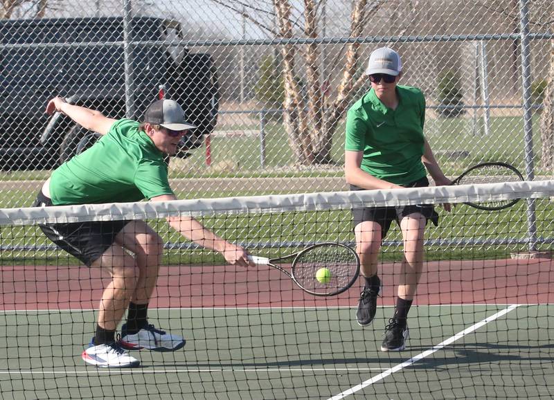 L-P number one doubles team of John and Michael Milota play tennis against Ottawa on Tuesday, April 11, 2023 at the L-P Athletic Complex in La Salle.
