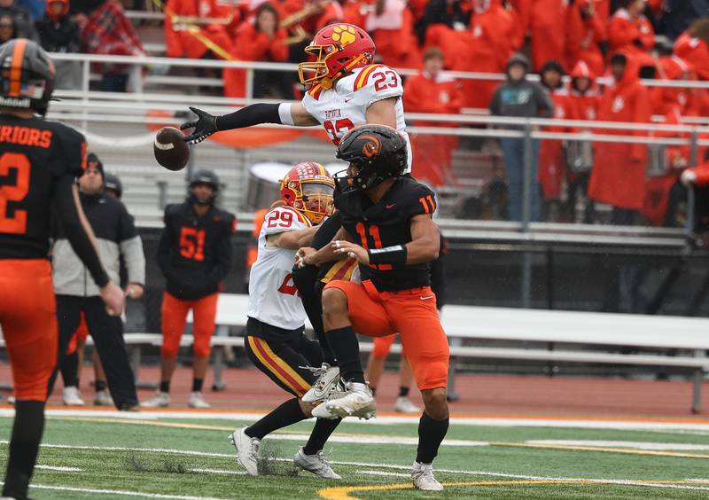 Batavia’s Josh Kahley breaks up a pass against Lincoln-Way West on Saturday, Nov. 9, 2024 in New Lenox.