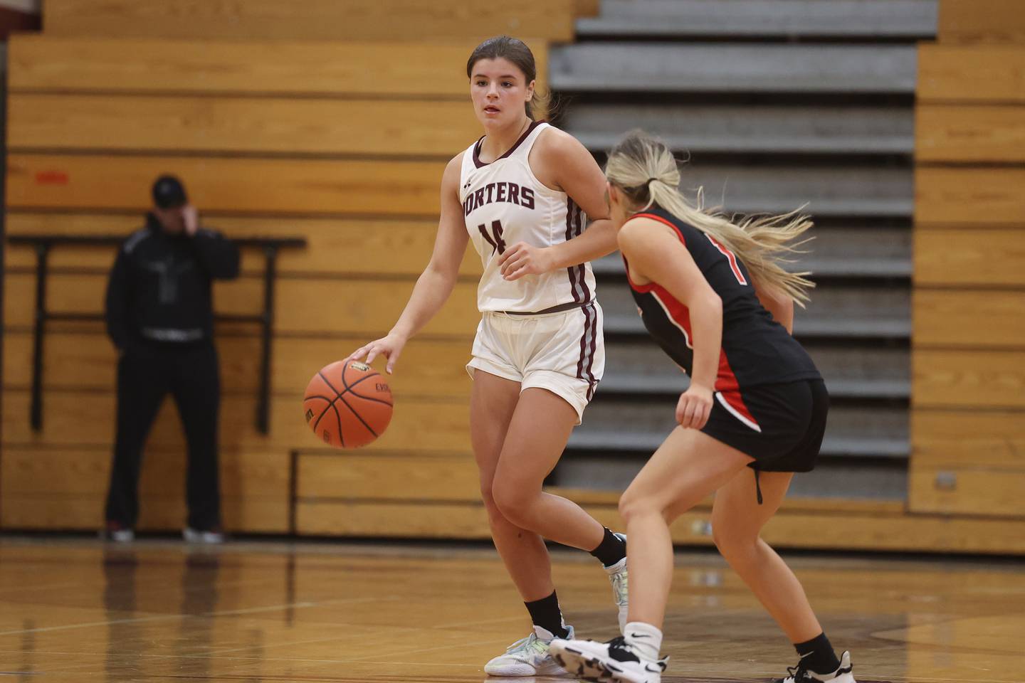 Lockport’s Veronica Bafia works the ball up court against Lincoln-Way Central.