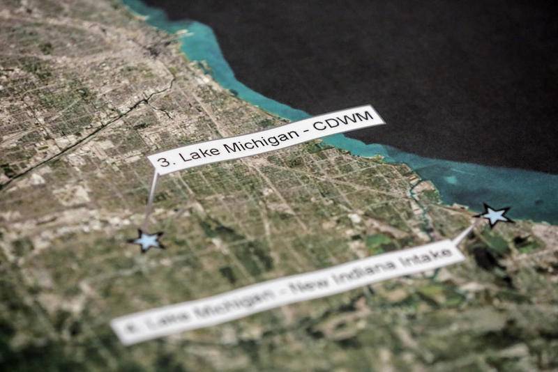 Lake Michigan and the Chicago Department of Water Management can be seen on an enlarged map Thursday, Dec. 5, 2019, during a public forum on the future source of Joliet's water at Cantigny Post 367 VFW in Joliet, Ill.