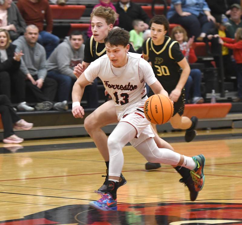 Forreston's Kendall Erdmann leads the fast break against Pecatonica on Wednesday, Feb. 11, 2026 at Forreston High School.