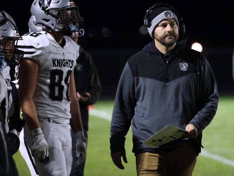 Kaneland head coach Mike Thorgesen walks the sidelines Friday, Nov. 7, 2025, during their Class 5A second round playoff game against Belvidere North at Belvidere North High School.