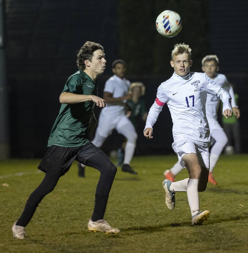 Dixon’s Hayden Yingling chases the ball against Geneseo Wednesday, Oct. 23, 2024, during the class 2A soccer regional in Geneseo.