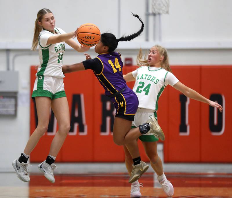 Crystal Lake South's Makena Cleary hits the ball away from Wauconda's Alexia Manalo as Manalo tries to drive between Cleary and Crystal Lake South's Makena Cleary during the Northern Illinois Holiday Classic Championship girl basketball game on Thursday, Dec. 18, 2025, at McHenry High School.