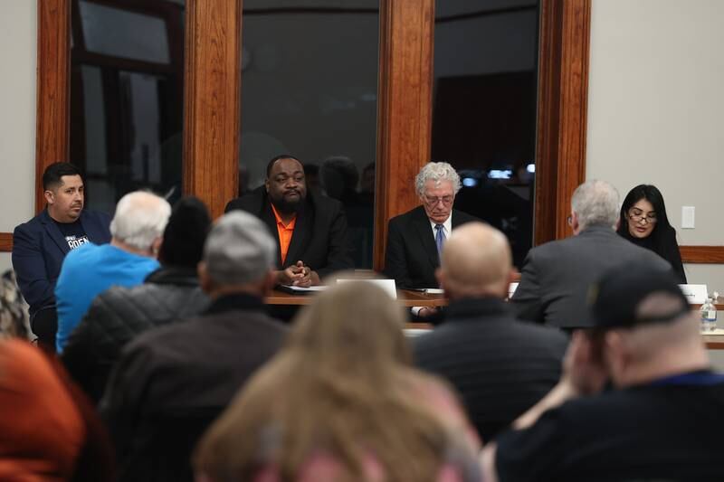 Candidates for Joliet City Council District 4 Cesar Cardenas (left), Christopher Parker, William Ferguson and Rosa Hernandez sit in on a moderated forum for the candidates at the Joliet Public Library on Thursday, March 9th, 2023 in Joliet.