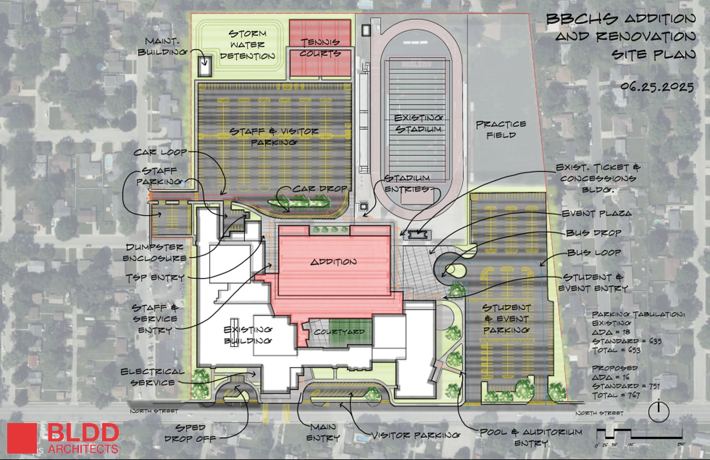 A proposed site plan for the building renovations and addition in the works for Bradley-Bourbonnais Community High School was presented to the school board's operations committee on June 24, 2025, by BLDD Architects.