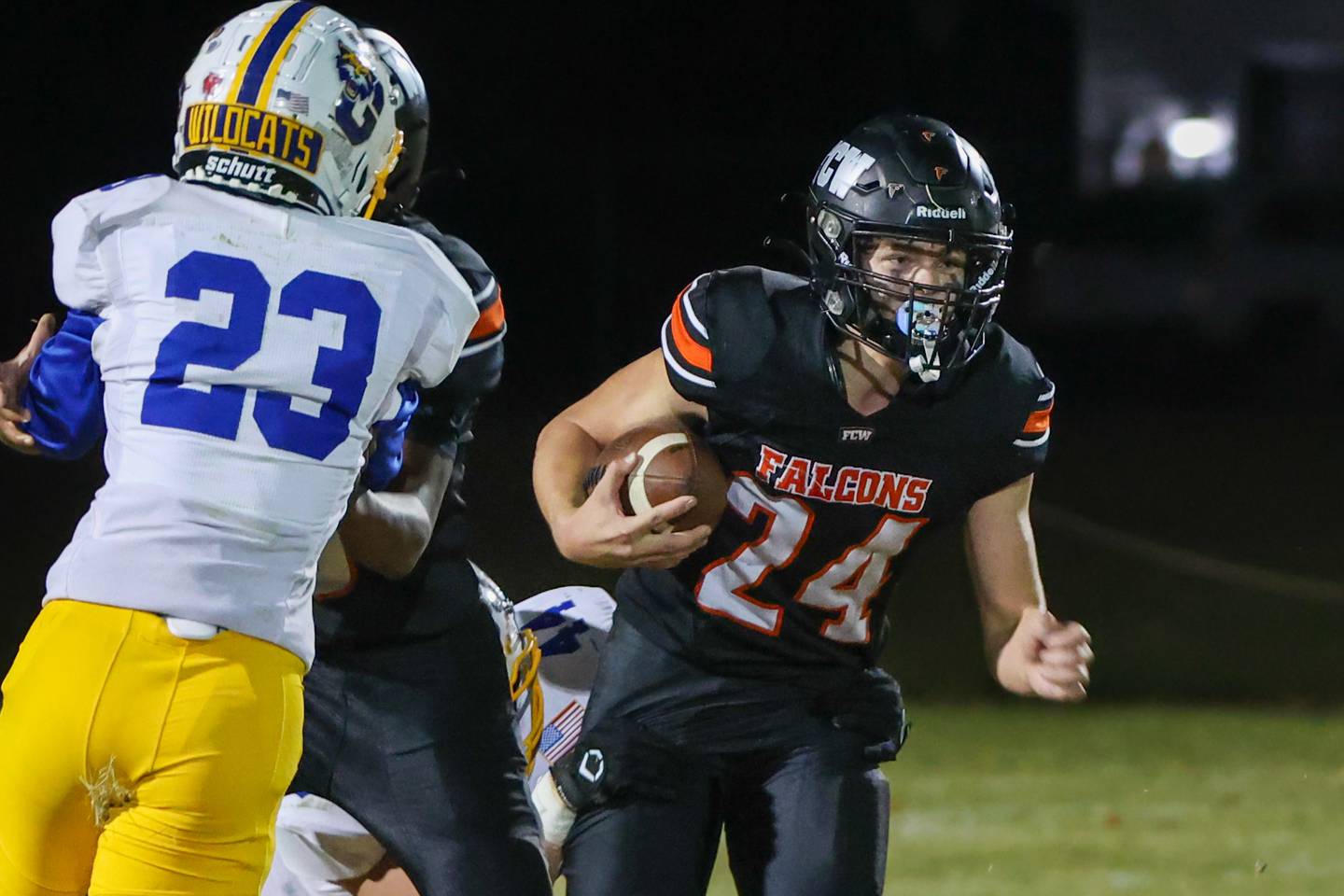 Running back Jaxon Flahaut of Flanagan-Cornell/Woodland runs with ball against Galva on Friday, October 25, 2024 at Flanagan High School in Flanagan.