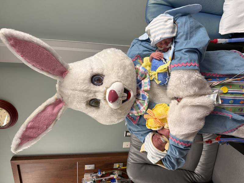 The Easter Bunny visited the 24-bed Amy, Matthew and Jay Vana Neonatal Intensive Care Unit at Silver Cross Hospital in New Lenox to bring Easter cheer to tiny patients, their families and NICU staff.