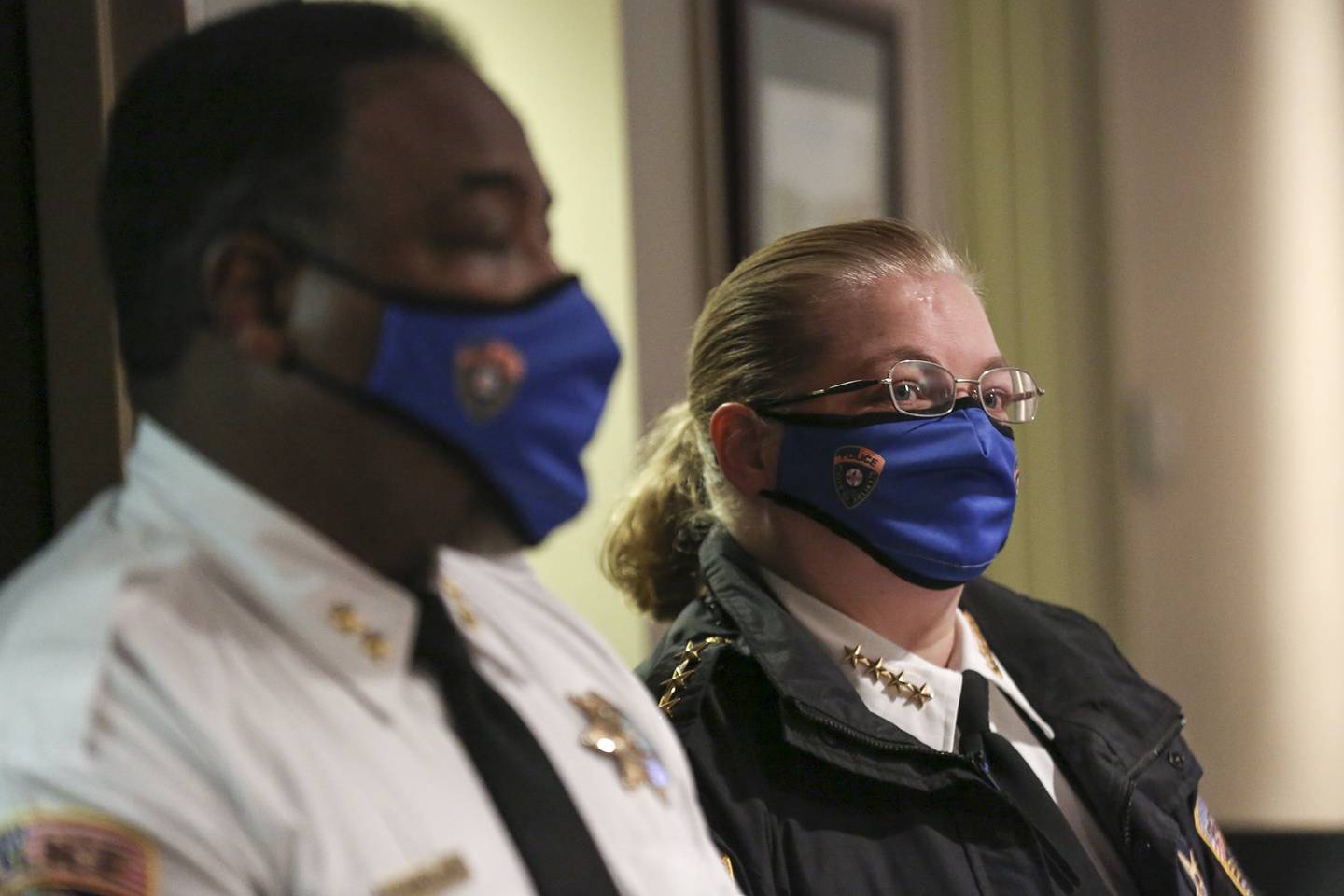 Newly appointed Joliet Chief of Police Dawn Malec (right) waits to be introduced to the city council on Tuesday, Jan. 19, 2021, at Joliet City Hall in Joliet, Ill.