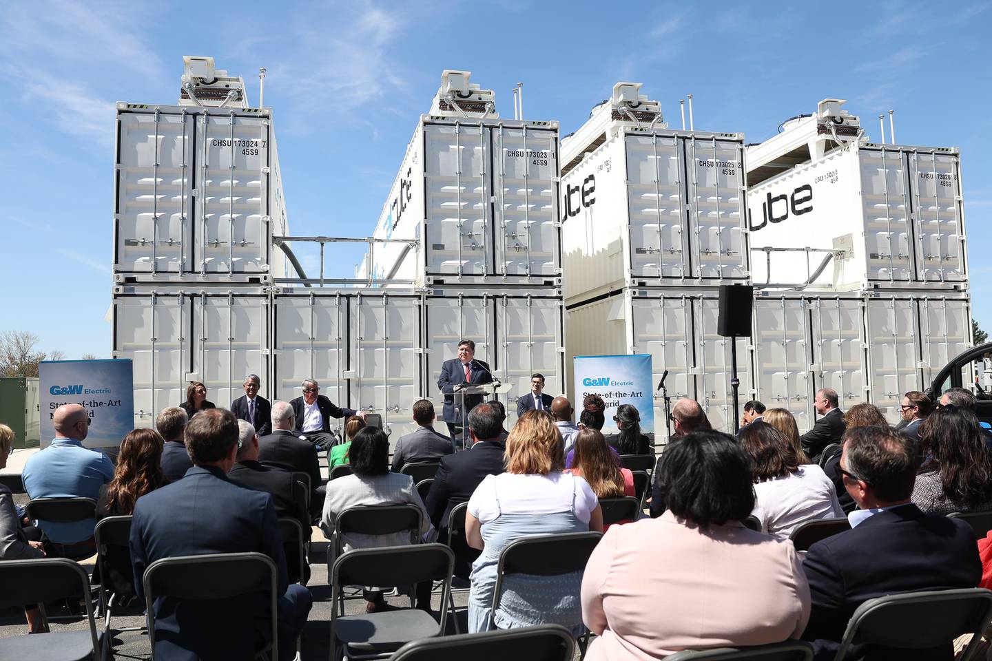 Governor J.B. Pritzker speaks outside the G&W Electric building in Bolingbrook. G&W Electric was given a rebate of $2.6 million, the largest rebate to date in Illinois, as part of ComEd’s Distributed Generation Rebate Program.