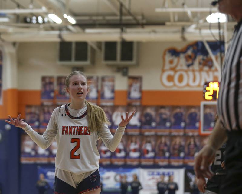 Oswego's Ashley Cook disagrees with the call from the ref during their basketball game between Oswego East at Oswego Friday, Jan 09, 2025 in Oswego.