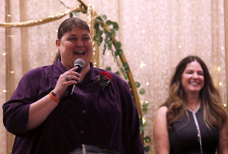 Renae St. Clair of Huntley High School speaks after winning the 2023 Educator of the Year award during the the Educator of the Year Dinner, Saturday, May 6, 2023, at Hickory Hall, in Crystal Lake. The annual awards recognize McHenry County’s top teachers, administrators and support staff.